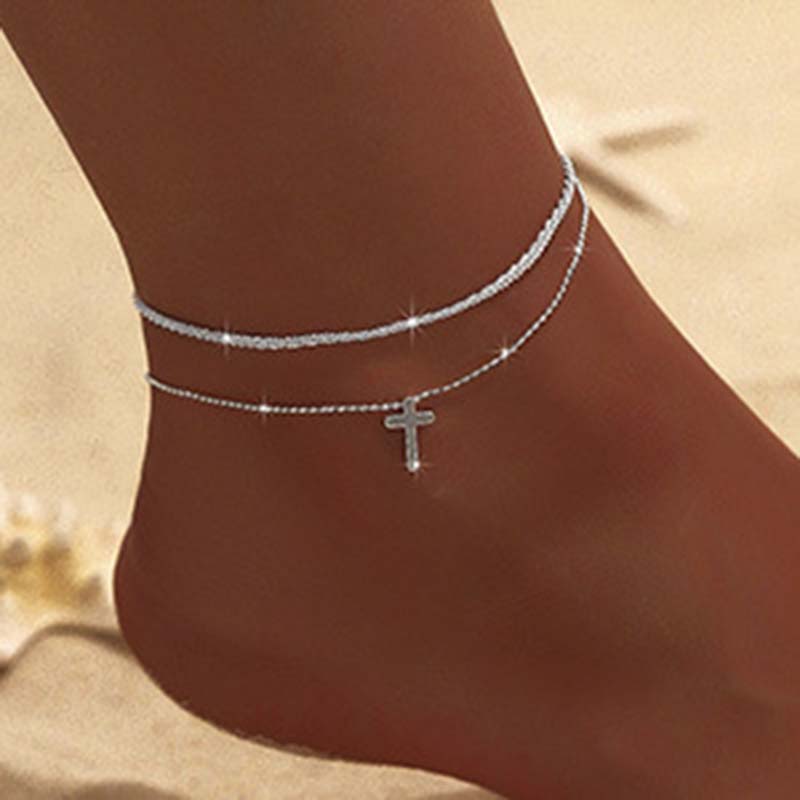 Simple Temperament Sparkling Anklet for Women Bohemia Cross Heart Pendant Adjustable Chain Anklet Niche Design Jewelry Gifts