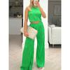 1116 Summer European and American Women's Clothing Set Solid Color Water Wave Crew Neck Vest Top Wide Leg Pants Two-piece Set