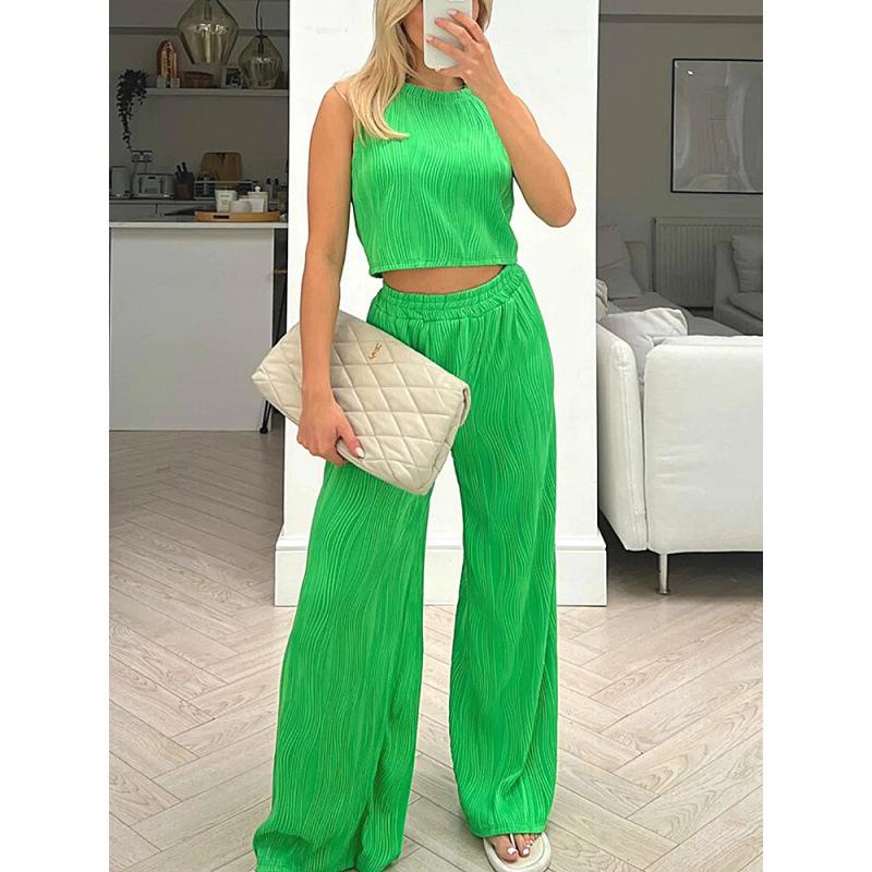 1116 Summer European and American Women's Clothing Set Solid Color Water Wave Crew Neck Vest Top Wide Leg Pants Two-piece Set