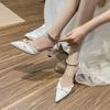 Fashion French Bridal Wedding Shoes New Design Hollow High Heels Pearl Chain Bowknot Sandals for Bride