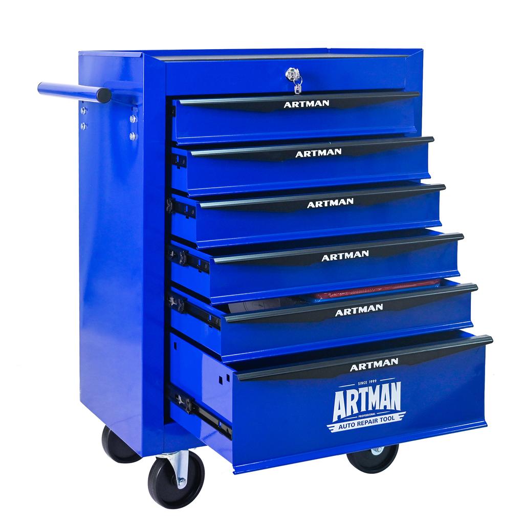 Mobile metal tool cabinet with 6 drawers, 508 mm (20 inch), ball-bearing drawer slides, organizing steel tool box – black-blue