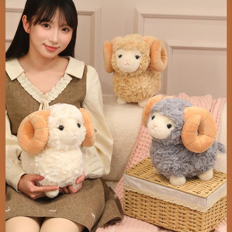 1Pcs Soft Fluffy Big Horns Sheep Doll Cute Sheep Plush Toys Warm Cozy Hugging Appease Animal Doll Birthday Gift For Girls