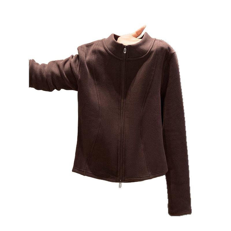 Plus Size Velvet Double Zipper Stand Collar Long Sleeve Women's Slimming Autumn Winter Top