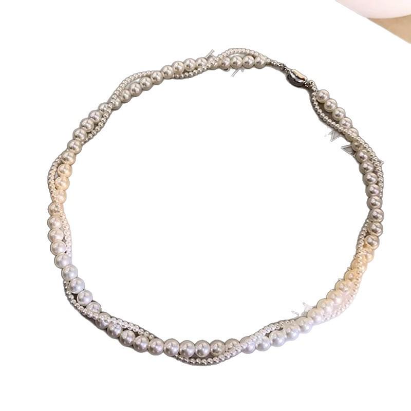 Double-Layer Imitation Pearl Necklace & S925 Silver Earrings Women's Set