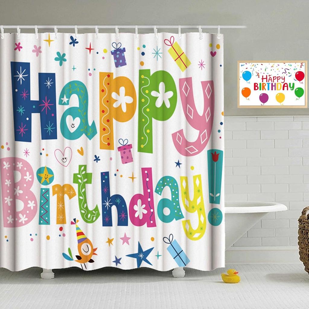 Happy Birthday Rainbow Shower Curtain for Kids Party  Polyester Fabric Bathroom Decor with Colorful Celebration Pattern