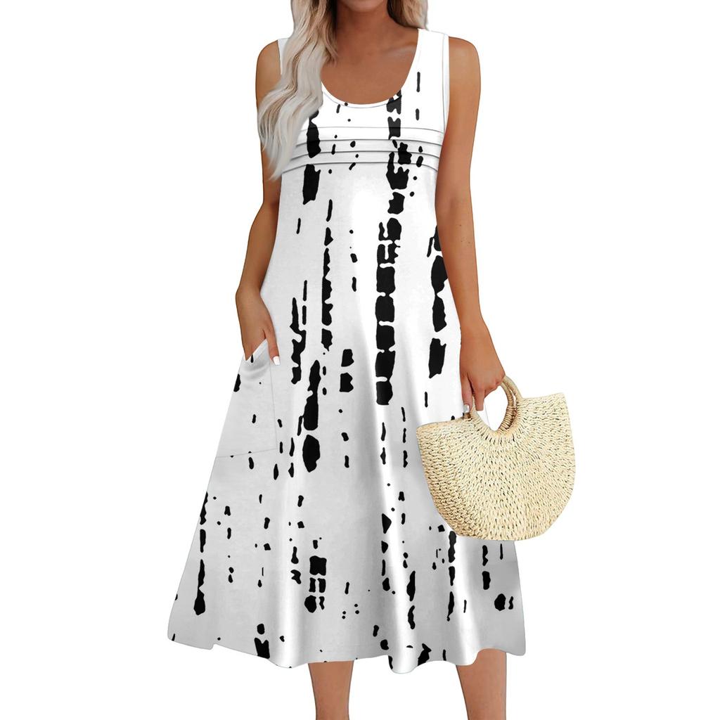Women's Fashion Round Neck Sleeveless Pleated Beach Dress With Pockets Long Striped Printed Dresses