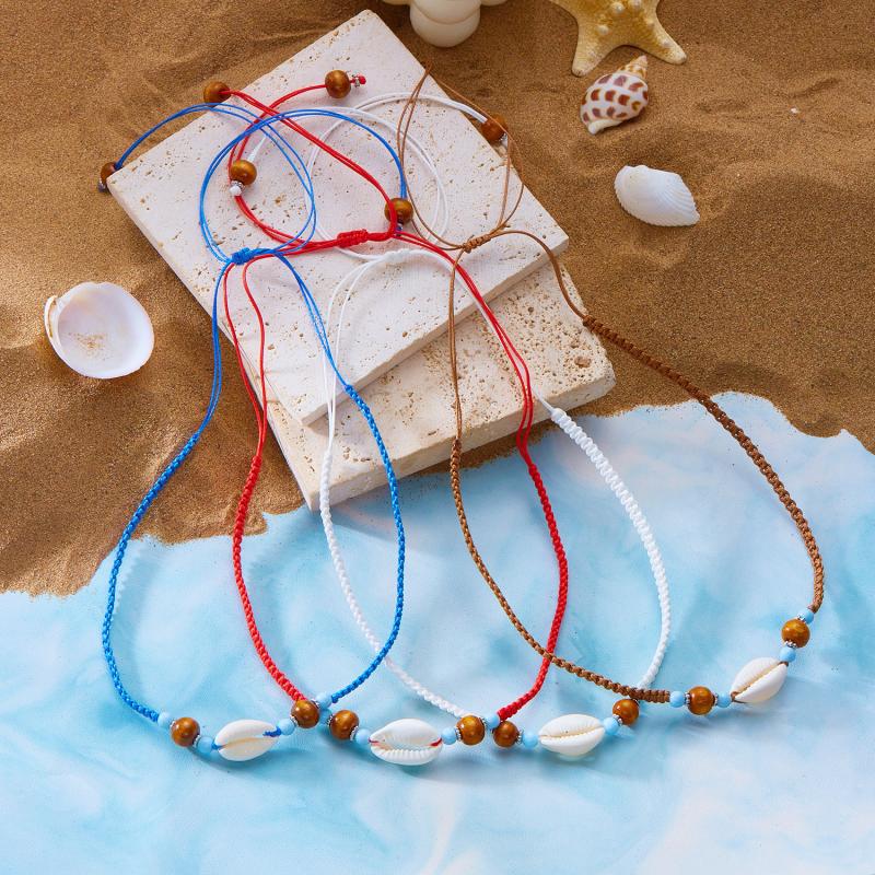 Bohemian Handmade Braided Beaded Seashell Starfish Pendant Clavicle Chain Necklace Women Beach Vacation Jewelry Accessories