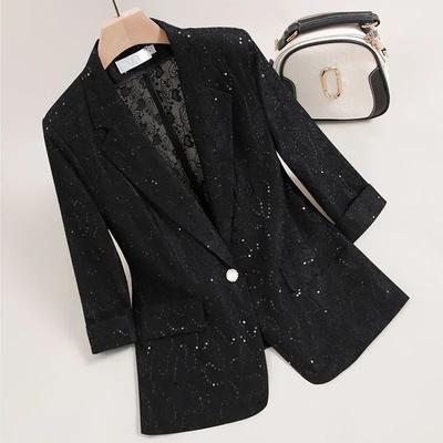 Nyári Női Fényes Csillogó Blézer Hajtókás 3/4 Ujjú Egy Gombos Elegáns Felső