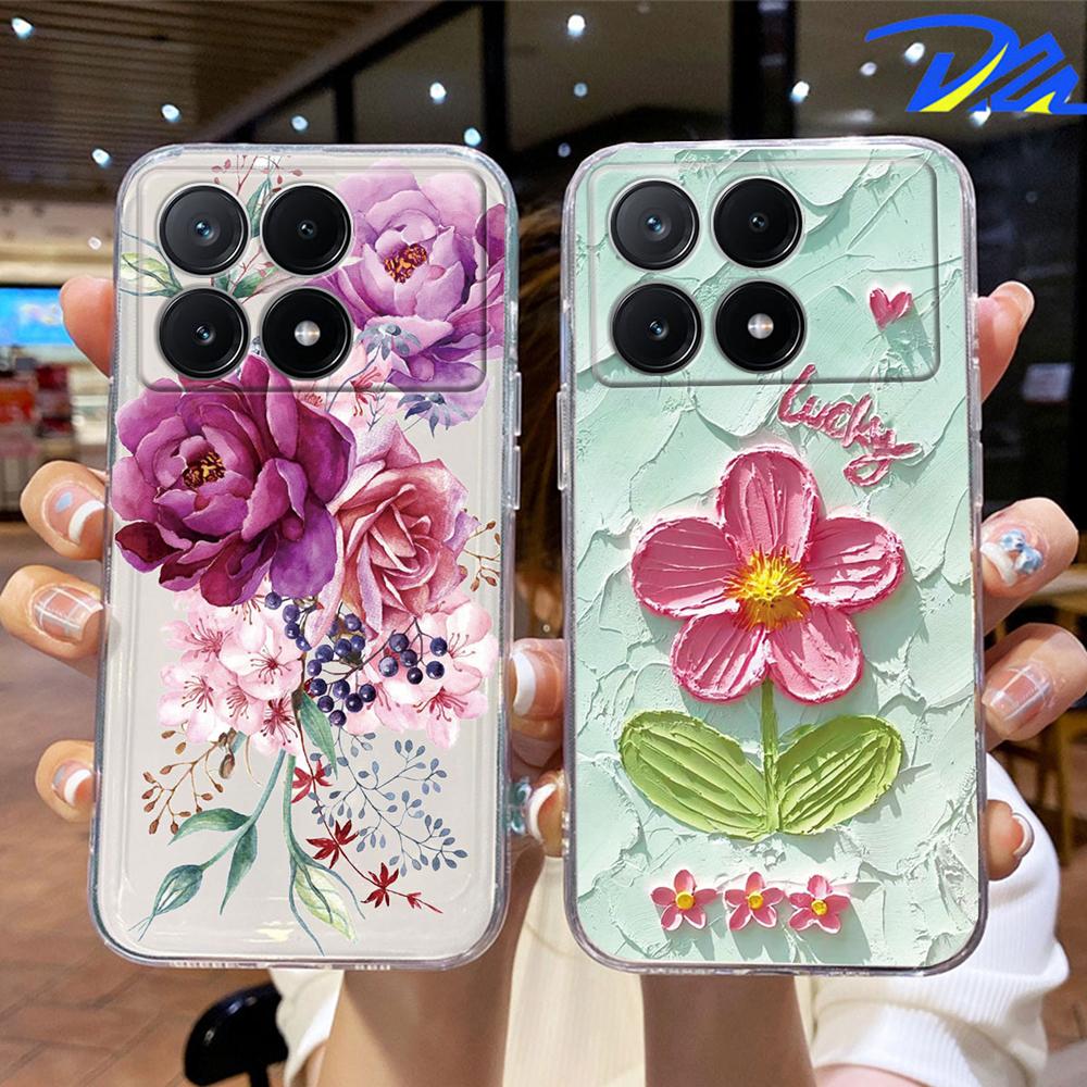 Phone Case For Xiaomi Poco X6 X5 X4 M4 Pro Rose Flower Oil Painting Protection Clear Couple Transparent Daisy PocoX6 Pro Cover