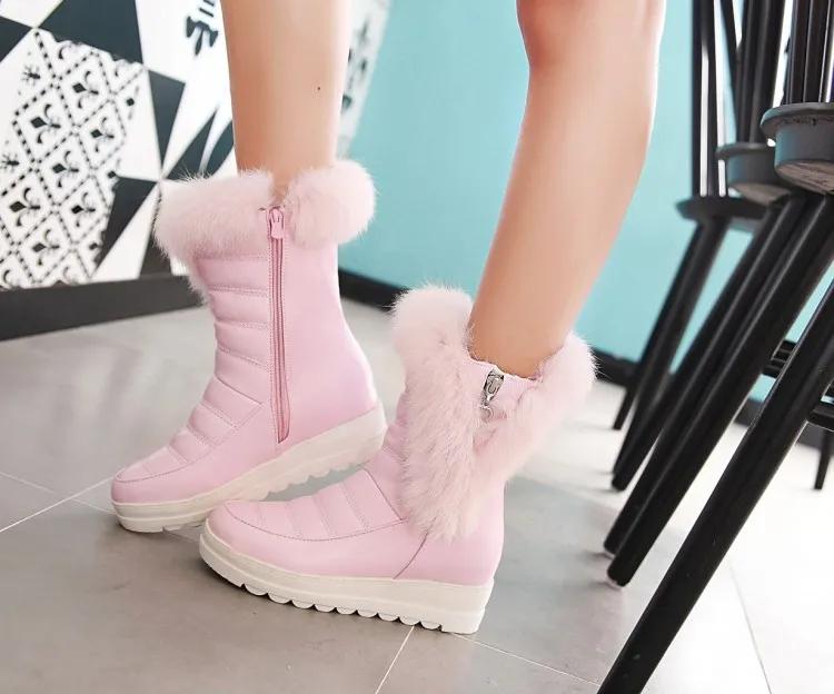 

Мода 2025 Новые женские ботильоны из кроличьего меха на танкетке, на платформе, водонепроницаемые зимние сапоги, толстые плюшевые теплые зимние женские ботильоны, женская обувь 43 розовый