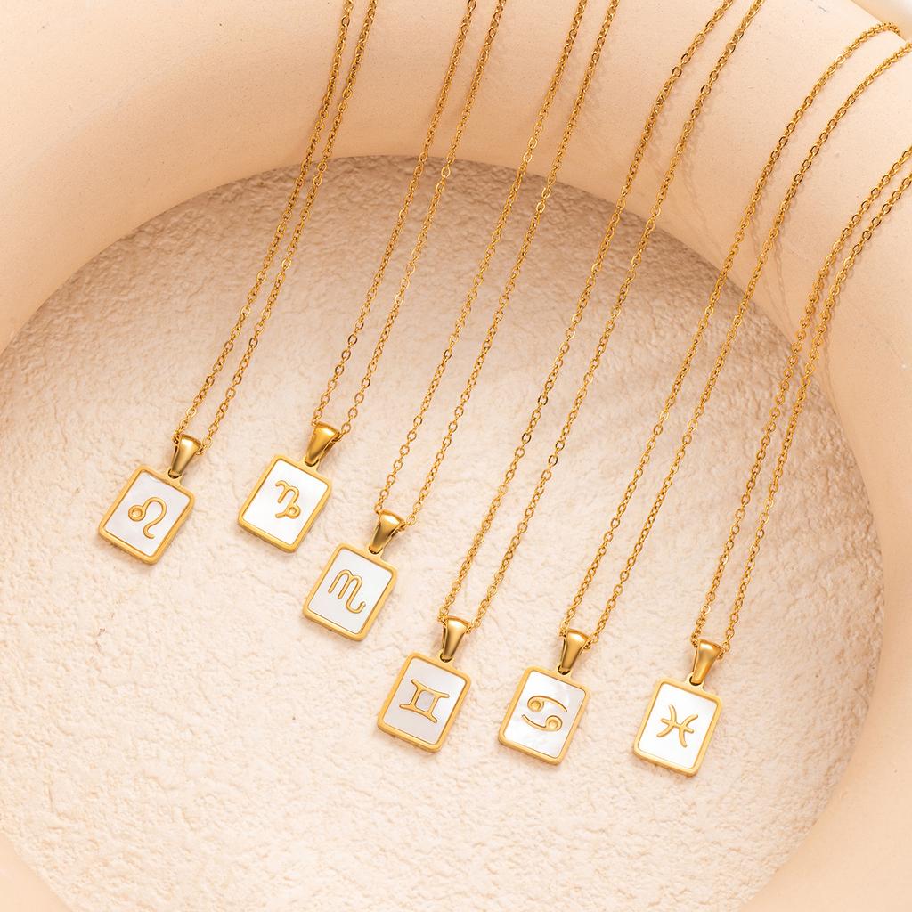 1pc Shell Zodiac Sign Necklace, Stainless Steel Square Pendant With White Shell, Perfect For Women