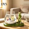 Desktop Aquarium Tank Frog Fishing Glass Fish Ornament with Resin Lotus Leaf Base, Hydroponic Creative Housewarming Gifts Plant Propagation