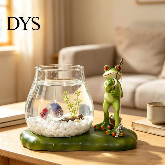 Desktop Aquarium Tank Frog Fishing Glass Fish Ornament with Resin Lotus Leaf Base, Hydroponic Creative Housewarming Gifts Plant Propagation