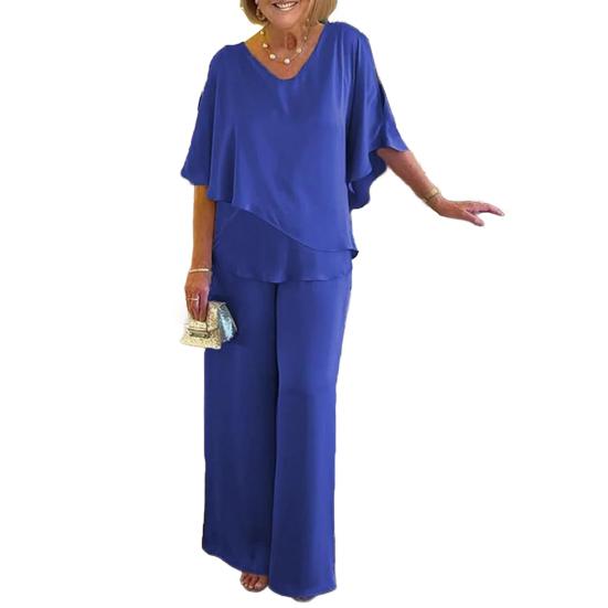 Summer Two Piece Outfit with V-Neck Layered Top and Wide Leg Pants