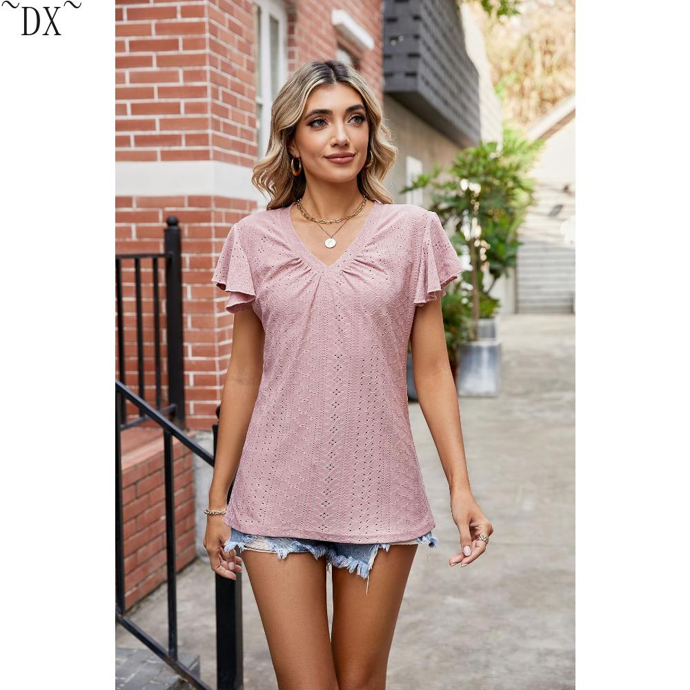 DX~~Summer New Solid Color Double Sleeve V-Neck Loose Short Sleeve T-shirt Top