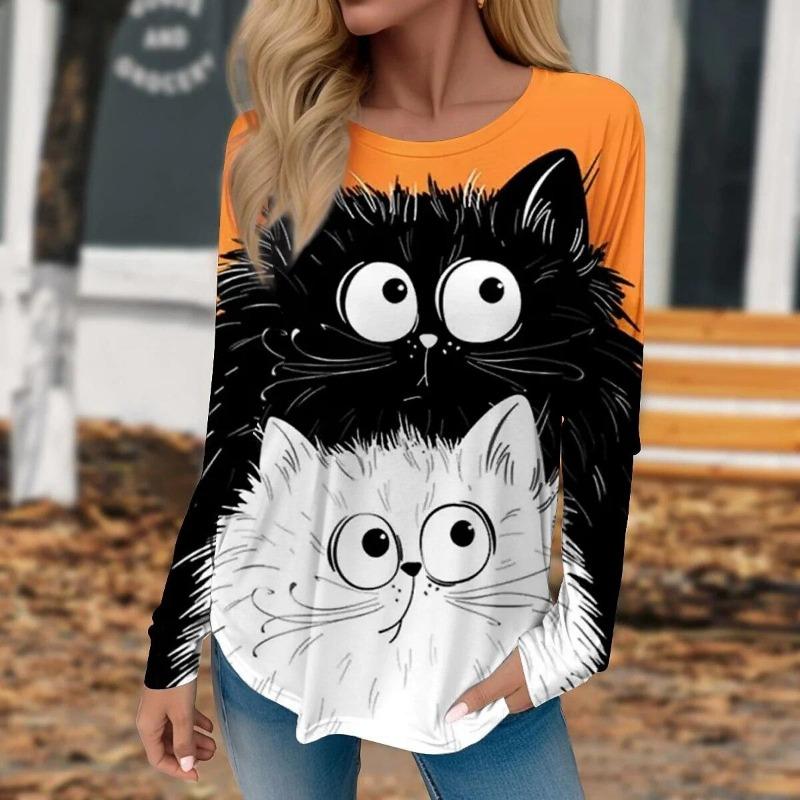 Women's 3d Colorful Cartoon Kawaii Cat Print Autumn Long Sleeve Tops Women's T-Shirt O-Neck Oversized Ladies Clothing