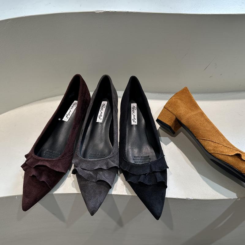Fashion SUOJIALUN 2025 Autumn Women Single Shoes Fashion Ruffles Pointed Toe Shallow Slip On Boat Shoes Square Low Heel Dress Pumps Shoe