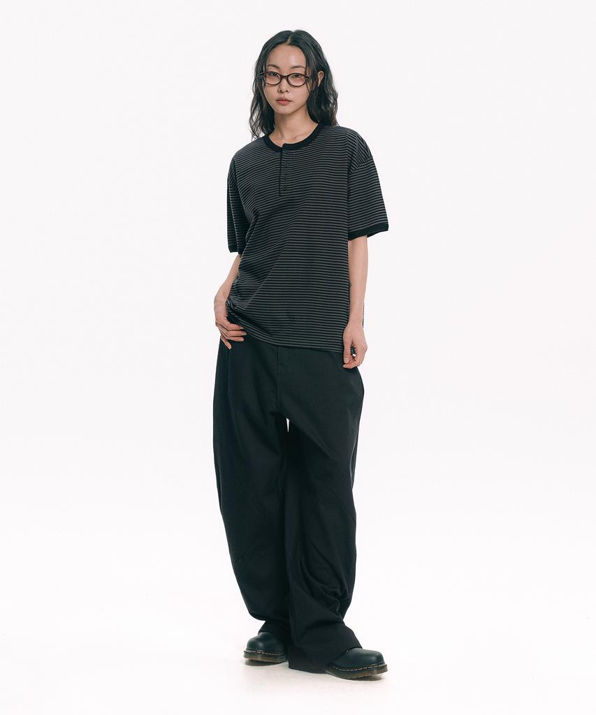 MOO Striped Henley Neck Short Sleeve Tee - Black