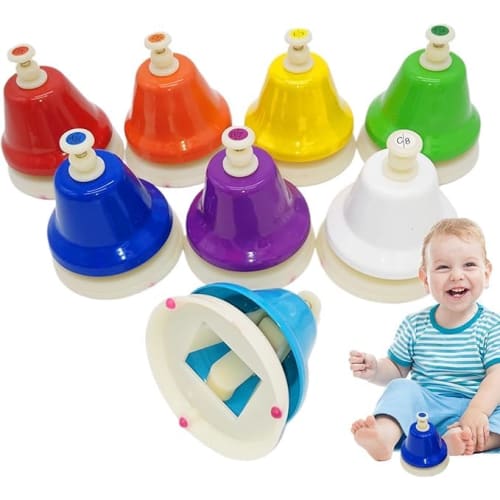 Colorful 8-note handbell set with touch controls, harmony, and mallets. Perfect as a gift for New Year's or Christmas. Perfect for beginners, beginner