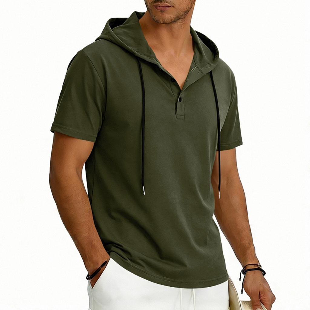 Men’s Short Sleeve Hooded T Shirt with Button Placket Casual Pullover Lightweight Drawstring Hoodie Top for Everyday Wear