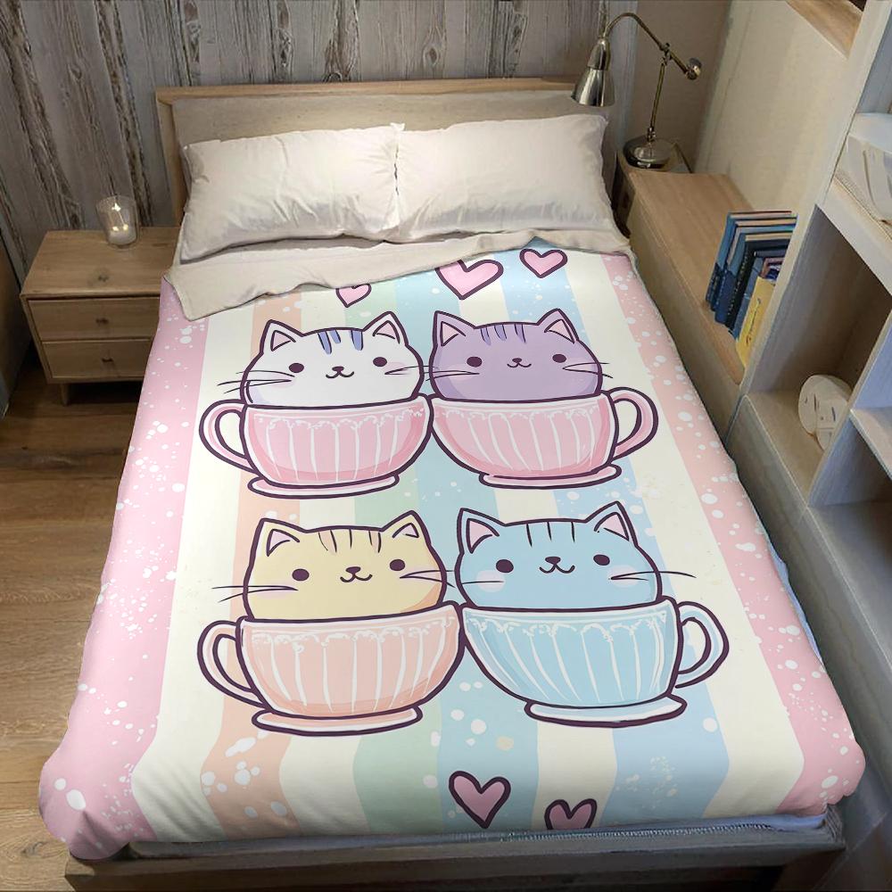 Cup Kitties Flannel Blanket Warm Soft Halloween Christmas Couch Warm Cozy Decorative Decor Gift for All Season