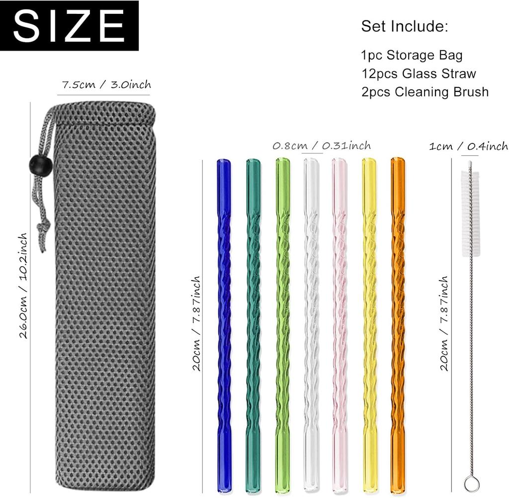 15 PCS Reusable Glass Straws, 8 Inch X 0.3" Thread Pattern Design Colored Drinking Straws, Include 12 Straight Straws, 2 Cleaning Brushes, 1 Bag