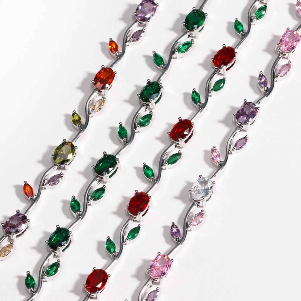 18K Real Gold Plated Brass Multi-Color Leaf CZ Trendy Tennis Bracelet Set Wavy Chain Bracelets with Assorted Gemstones