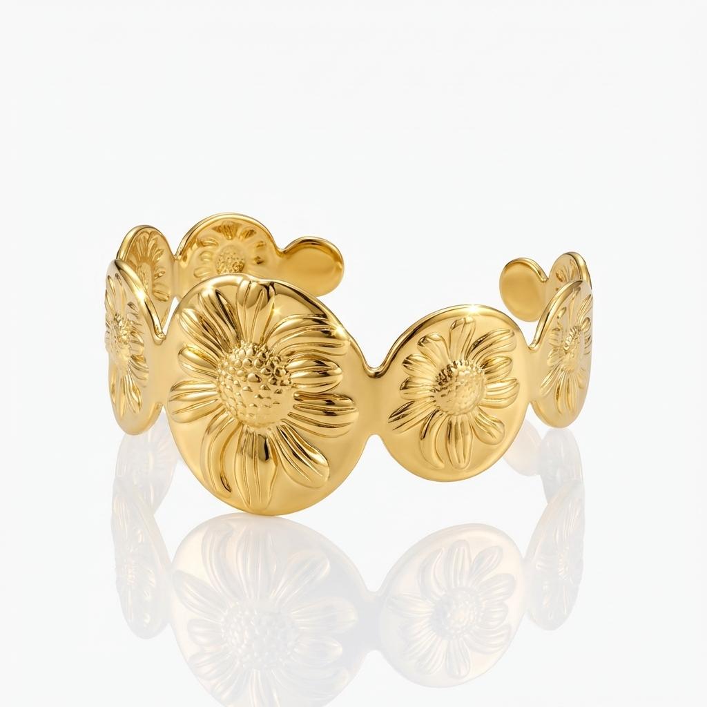 

Vintage Sunflower Stainless Steel Bangle For Women Textured Floral Style Waterproof Metal Bracelet