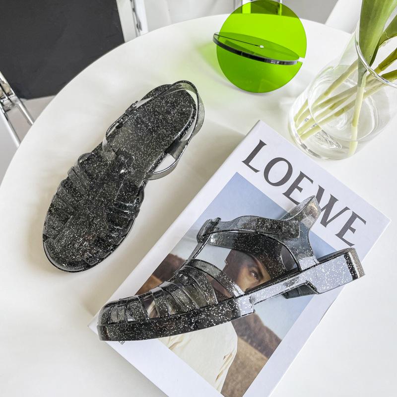 Sandali Trasparenti Estivi Baotou Romani Sandali da Donna Retrò Fondo Basso Cristallo Scarpe da Spiaggia Tacco Basso Plastica Scarpe Jelly