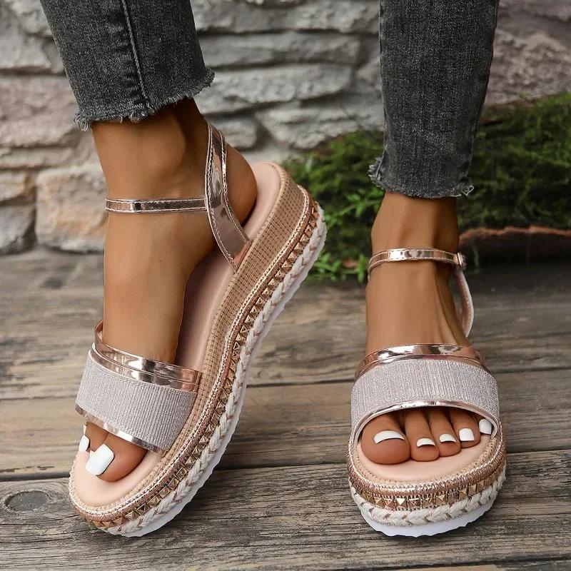 Pantofi de damă Sandale de damă cu curea cu cataramă Sandale casual de modă cu vârf decupat Sandale cu pană de vară pentru femei, mărime plus