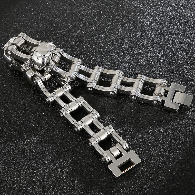 Skeleton Men's Bracelet Stainless Steel Punk Skull Wristband 16MM Wide Bicycle Chain Charm Bangles Trendy Bikers Jewelry for Men