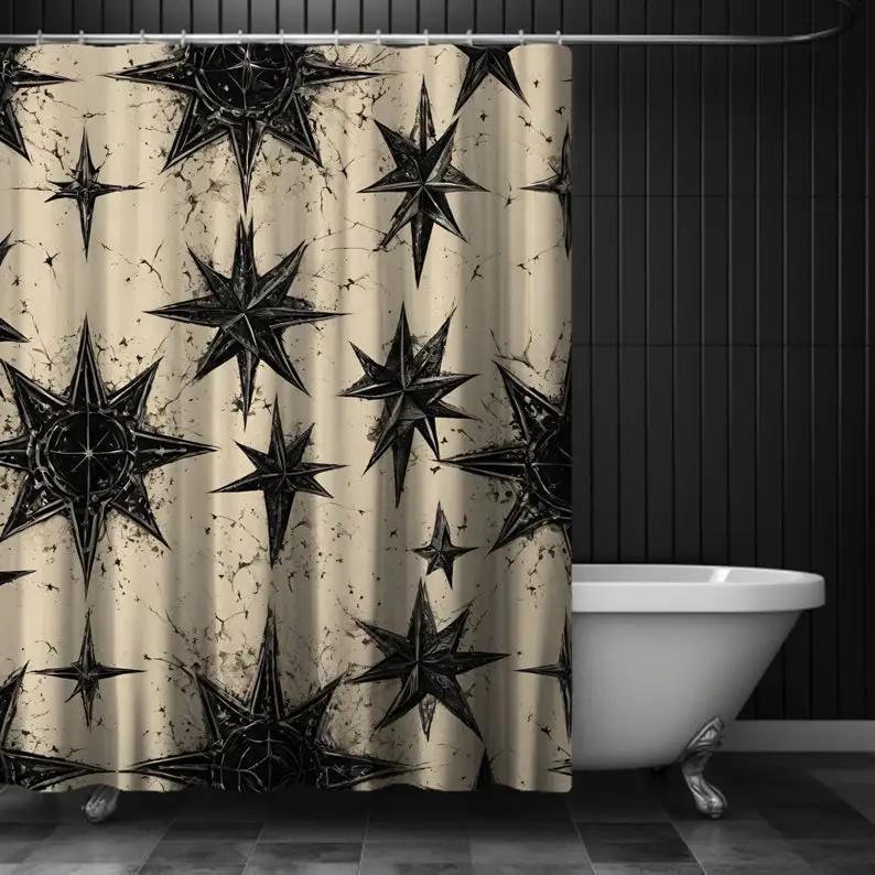 Dunika Chen Dark Whimsical Witch Star Shower Curtain, Gothic Witchy Bathroom Decor, Celestial Stars Shower Curtain, Mystical Bathroom Decor