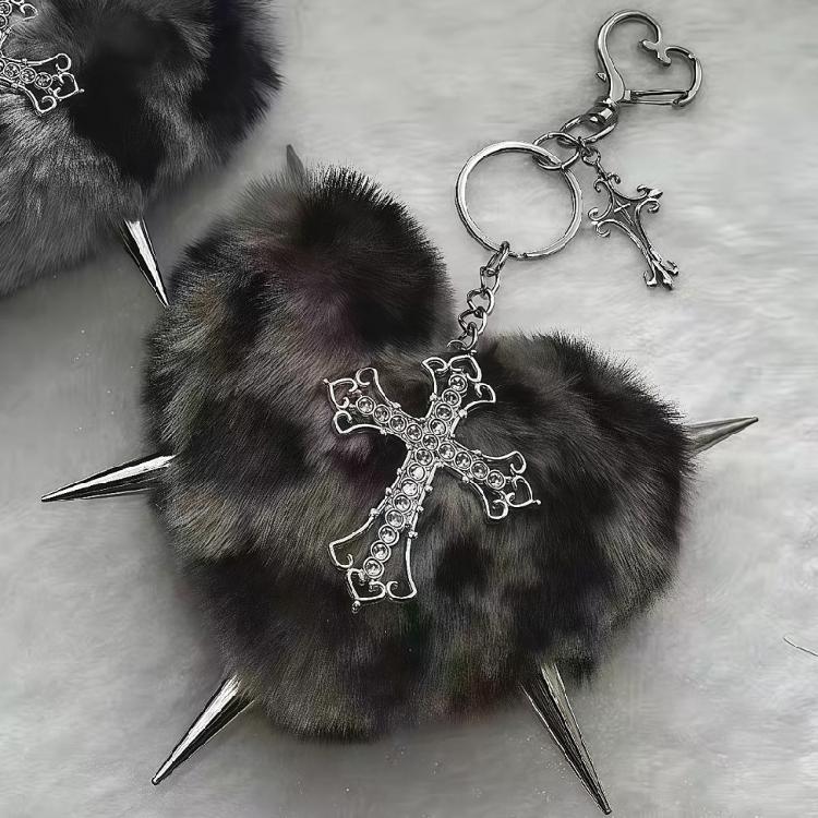Alternative Culture Symbol Keychain Plush Heart Studs Crucifix Fashion Keyring Accessory for Music Event