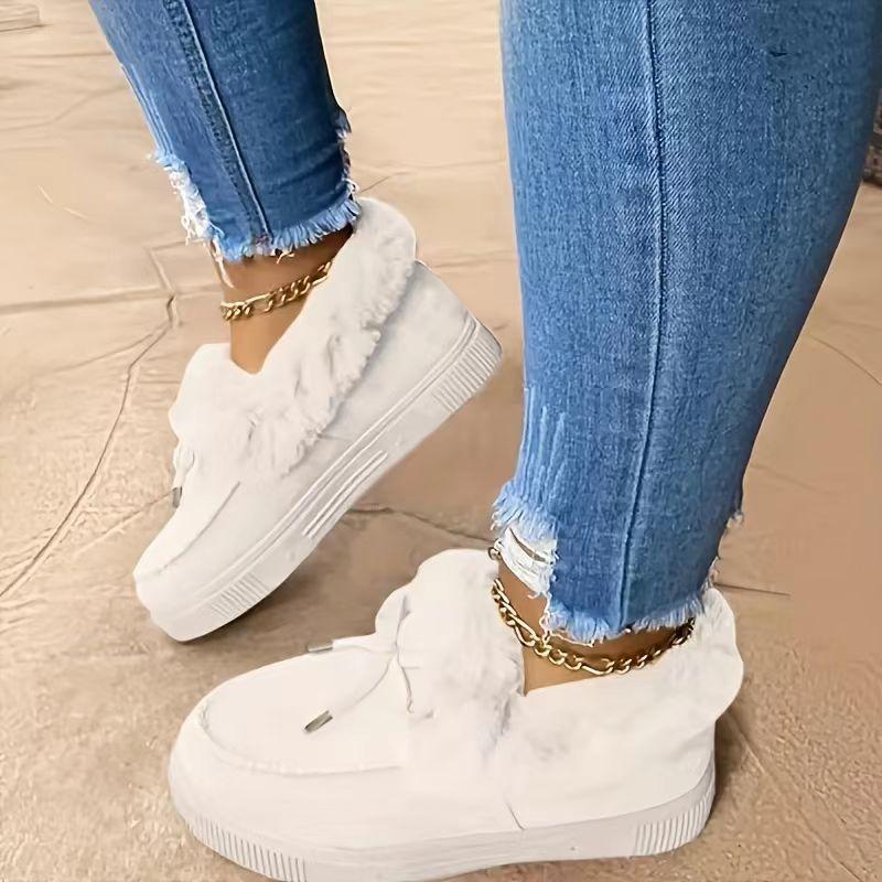 2025 Winter Women's Cotton-Lined Boots with Bow Detail Warm Flat-Soled Oversized Fleece-Lined Boots Women's Snow Boots