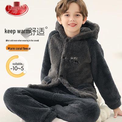 Langsha Jungen Dickes Flanell Kapuzen-Pyjama-Set