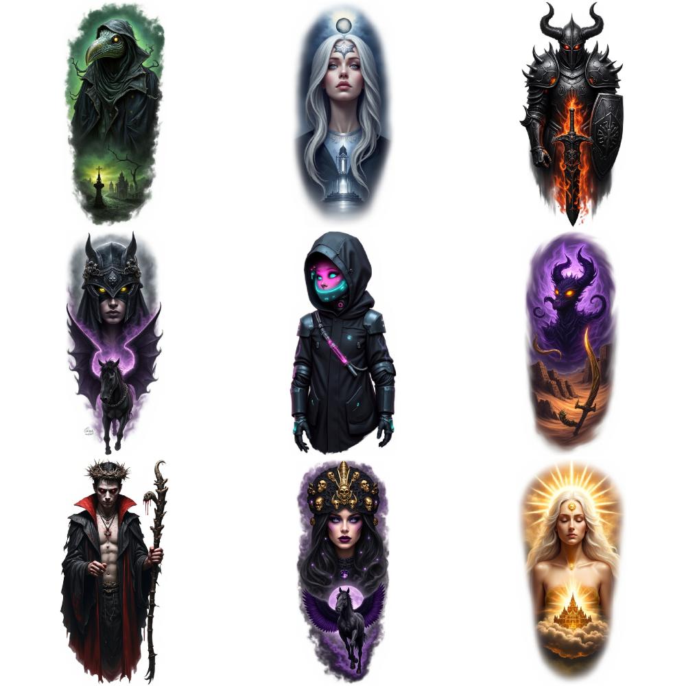 9pcs Temporary Tattoo Colorful Realism Fantasy Woman Hooded Character Flaming Skull For Adult Back Thighs
