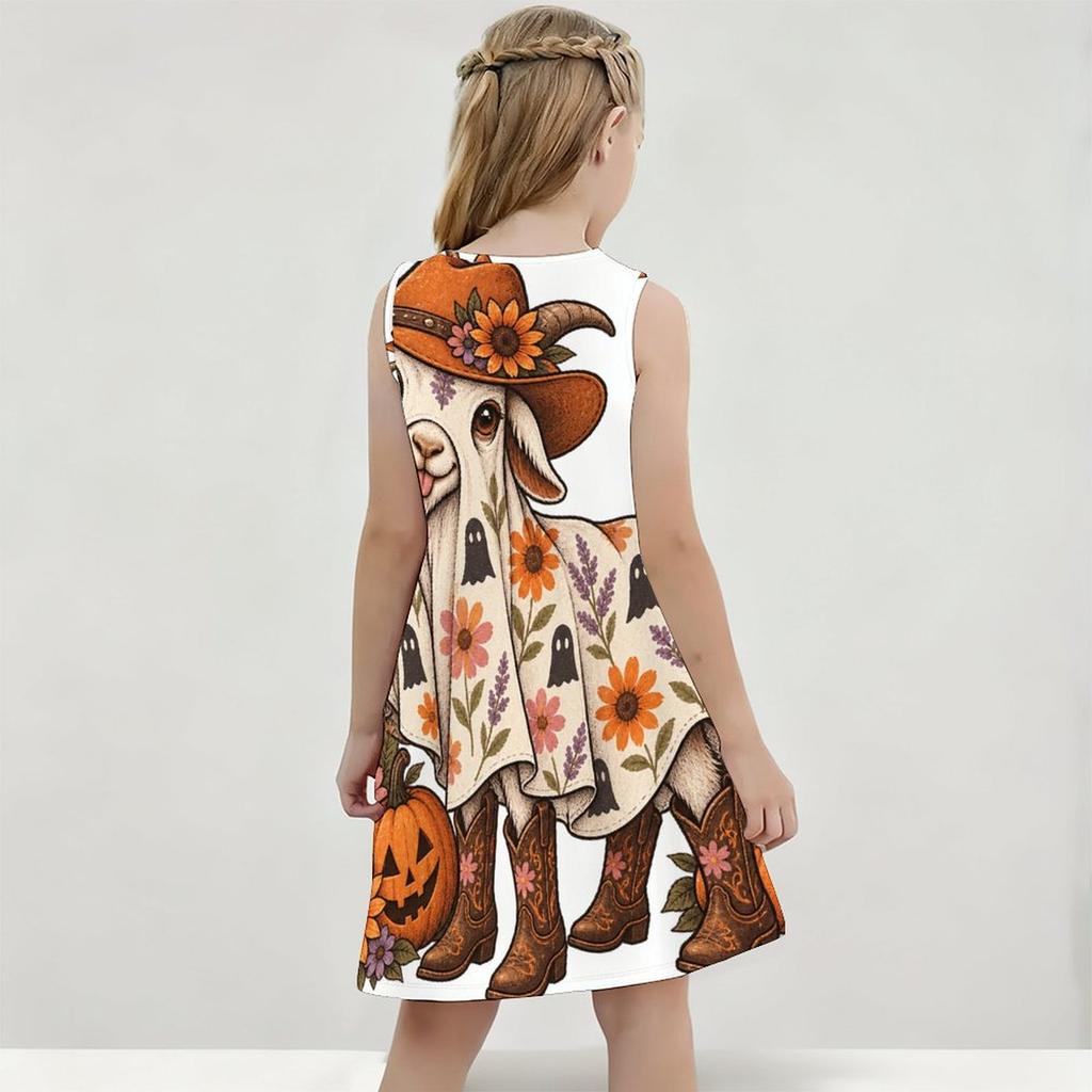 Girls Round Neck Sleeveless Cartoon Chicken Pumpkin Printed A Line Flared Dress