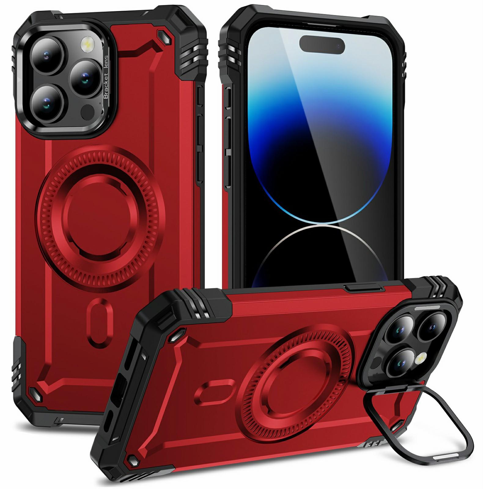 

For iPhone 14 Pro Max Magnetic Case Lens Kickstand PC+TPU Shockproof Phone Cover Red