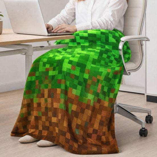 Pixel Grid Miners Kids Flannel Blanket, Geometric Grid Patchwork Pixelated Bed Blanket, Cartoon Gamepad Video Games Girls Boys Sofa Decor, Brown