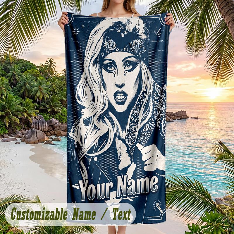 Lady Gaga Beach Towel, Personalized Custom Name Text, Quick Dry Large Absorbent Towel For Beach Pool