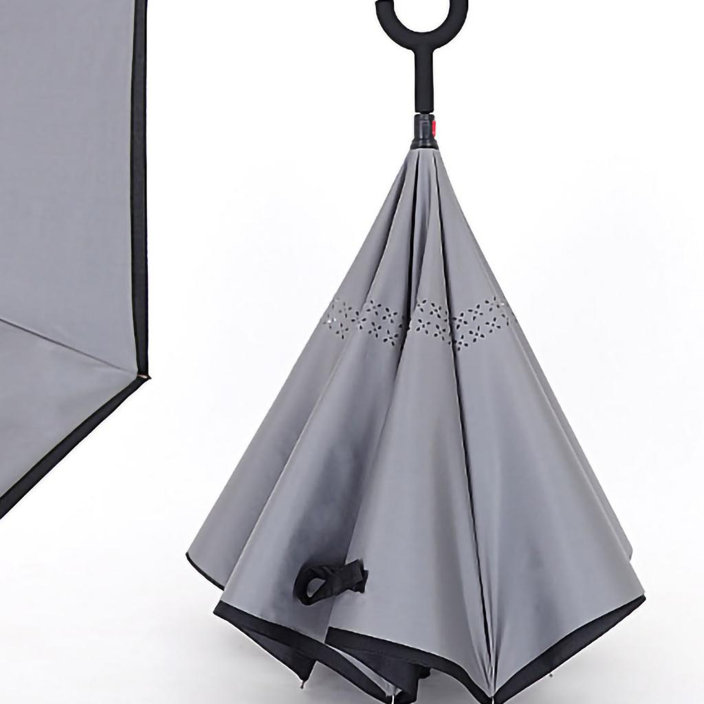 Doppelter umgekehrter Regenschirm Faser Wasserdicht Leichtgewicht Umgekehrter Regenschirm mit C-förmigem Griff Grau