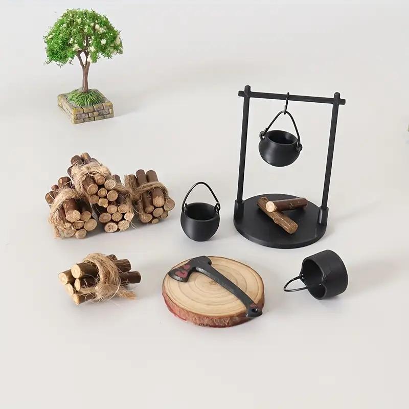 Miniature Campfire and Teapot, Modern Fantasy-themed Miniature Sculpture Decorations, Home and Kitchen DIY Craft Accessories