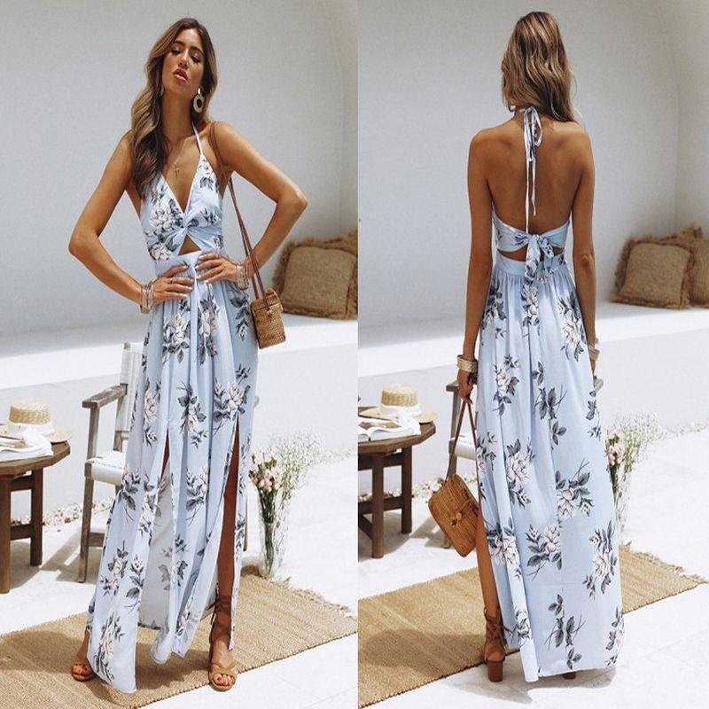 Bohemian Summer Sexy Sexy Print V-neck Lace up Halterneck Split Backless Mid Length Long Length Dress Dress