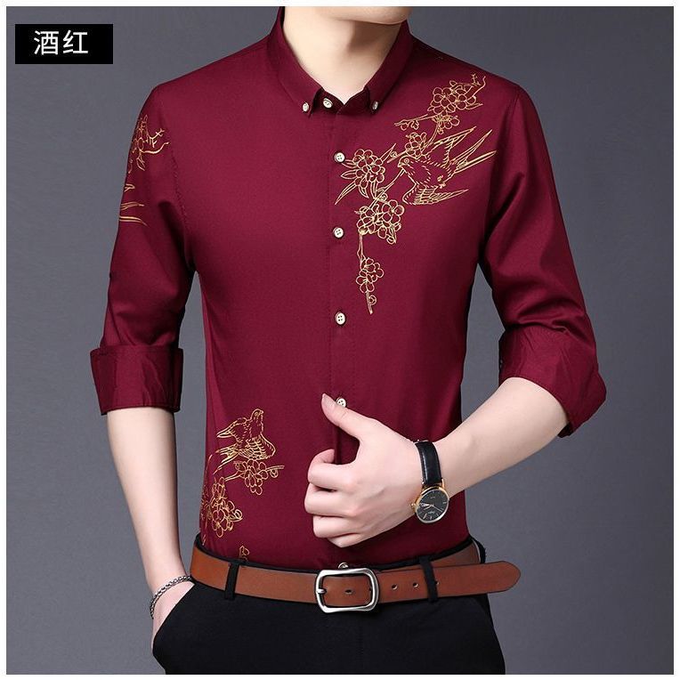 

Весенняя тонкая новая рубашка с длинным рукавом для мужчин, с принтом, отложным воротником, тонкая, не требующая глажки, повседневная, деловая, большого размера M красный