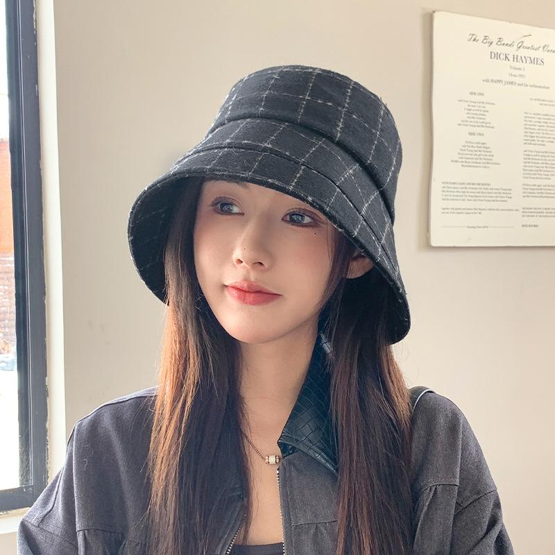 Autumn and winter plaid big eaves bucket hat advanced sense bow basin hat temperament versatile show face small hat women