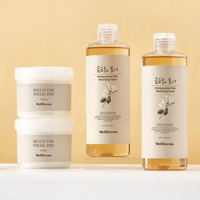 Welderma Gold and Silver Flower Paha Balancing Toner 500ml & Multi-Use Pad 70 Sheets Gift SET