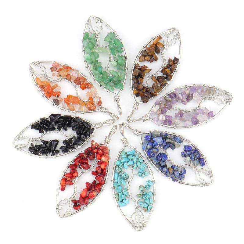 Hand-Wrapped Silver Natural Gravel Tree Of Life Necklace, Curved Crystal Lucky Tree Leaf Necklace N04