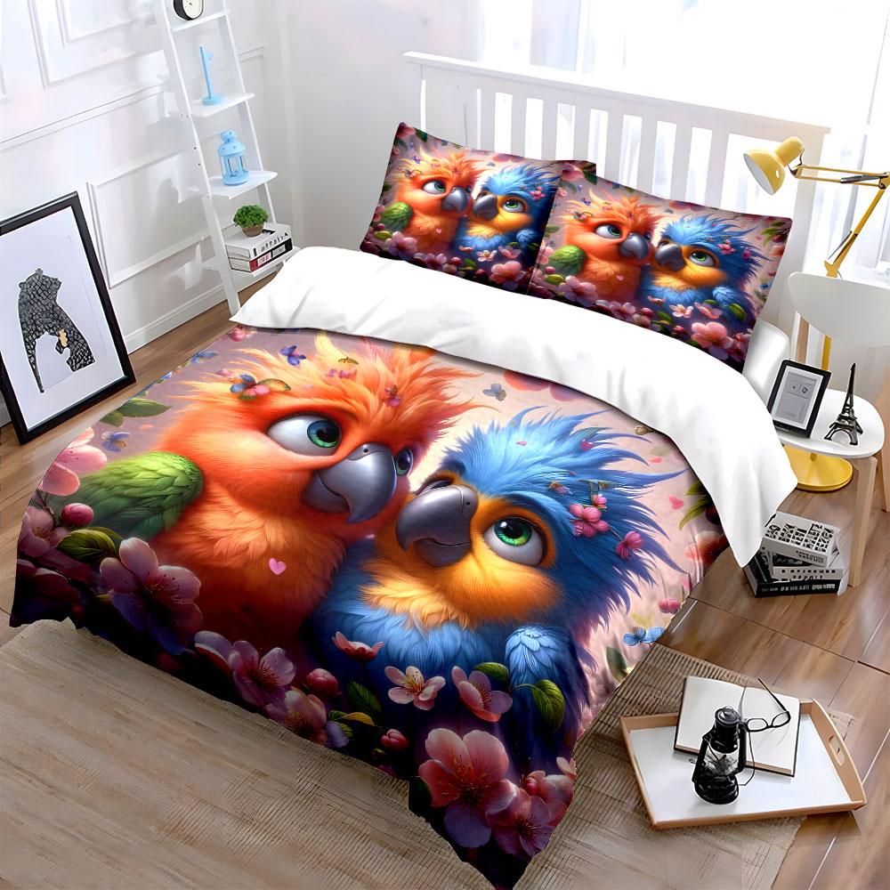 Cute Parrots With Cherry Blossoms Print Bedding Set 1 Duvet Cover 2 Pillowcases For Adult And Children Luxury Gift Full Size