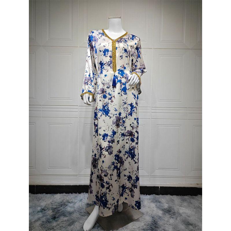 Middle East Foreign Trade Print Robe Elegant Soft Home Waist Lace-up Waist Hugging Tassel Dress Dresses