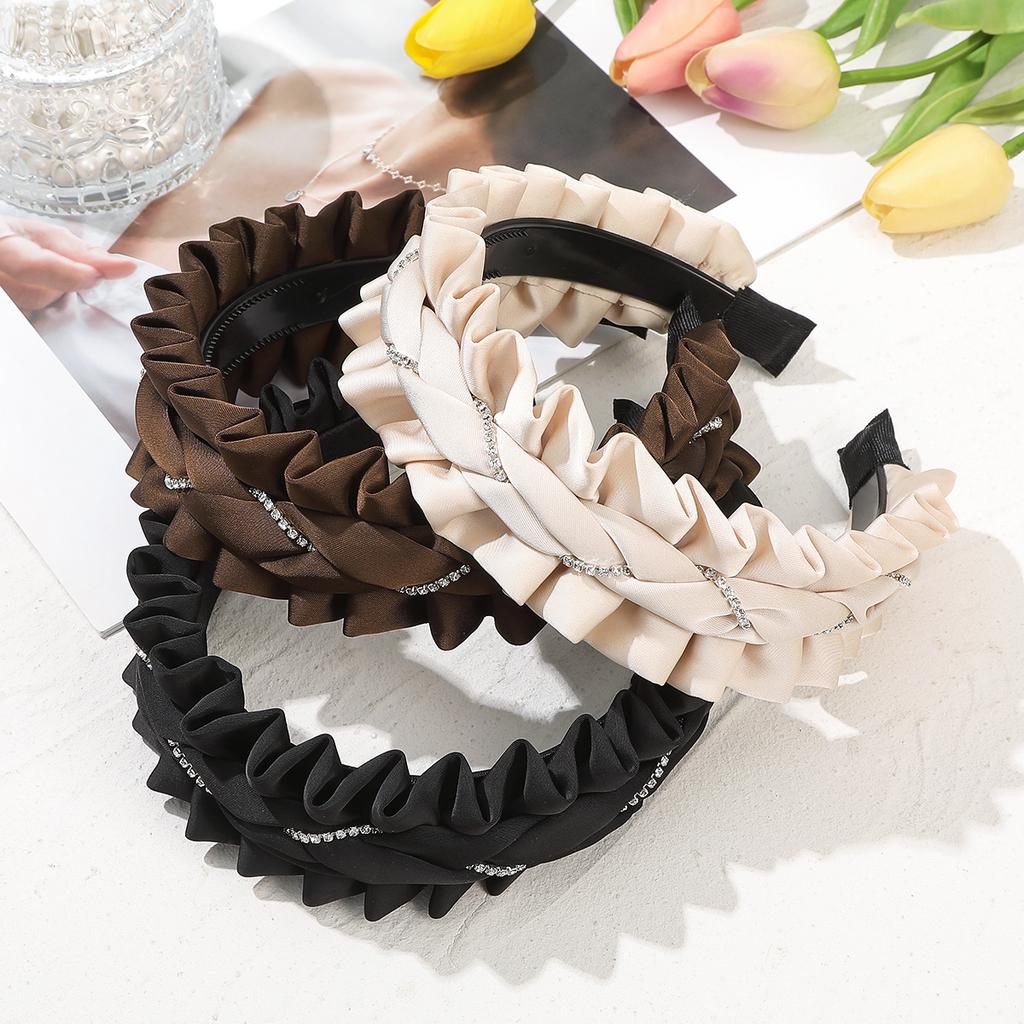 AWAYTR Korean Fashion Women Fabric Headband Solid Color Pleated Hairband Turban Rhinestone Headwear Hair Accessories